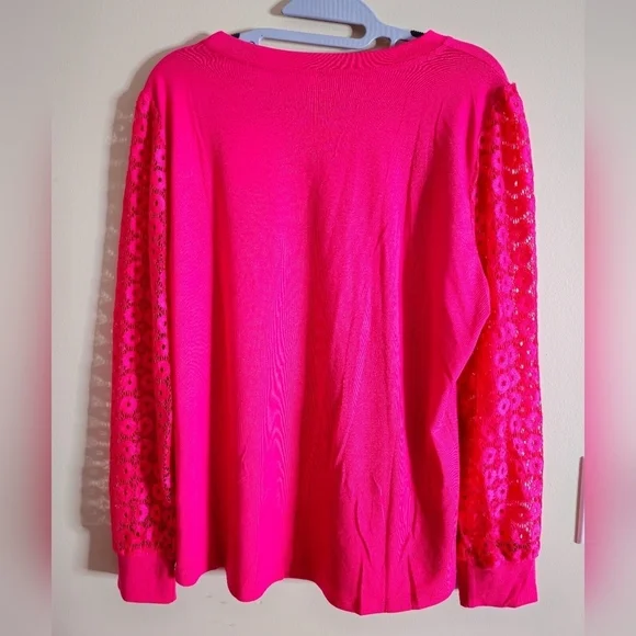 Women's Hot Pink Eyelet Lace Puffy Long Sleeve Top Size L - Picture 4 of 6
